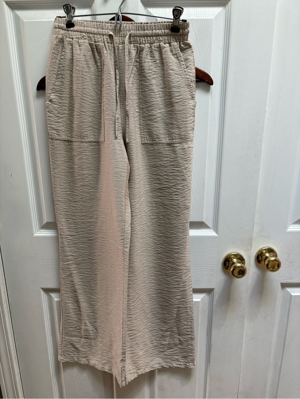 Cream Wide-Leg Drawstring Trousers with Front Patch Pockets